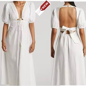 SINCERELY JULES WHITE SHORT SLEEVE RUCHED KEYHOLE MIDI DRESS Sz M NWT PRARIE